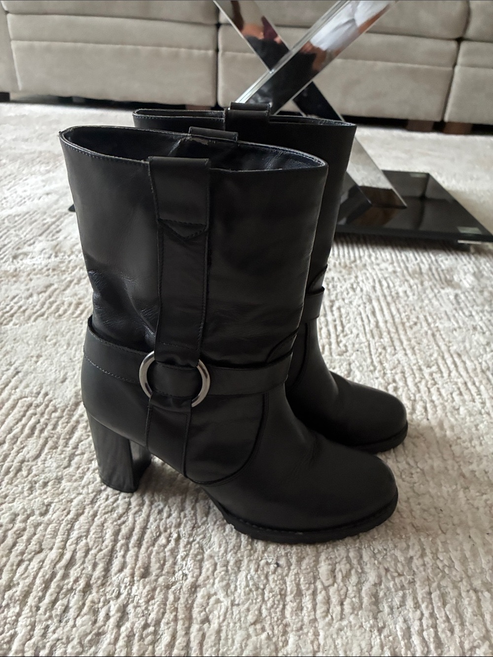 Aldo Black Leather Mid-Calf Heeled Boots with Ring Detail